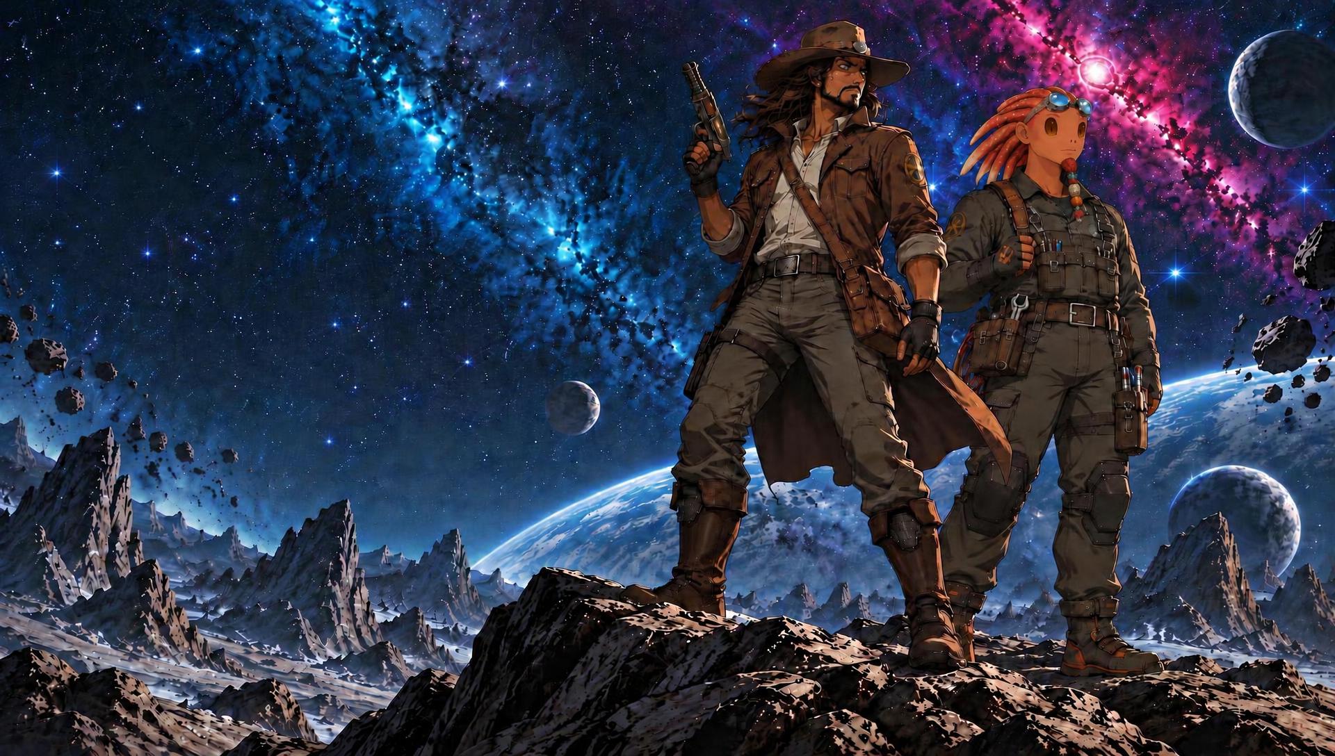 Captain Zamfyr in his explorer hat beside his taller alien friend Onobo on a rocky ridge under a ringed planet