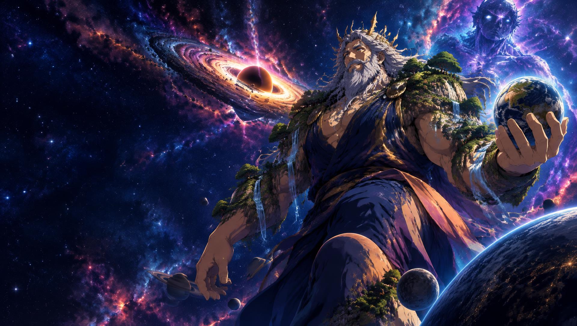 The giant King Kapunka holding a planet in his hand before a glowing galactic core