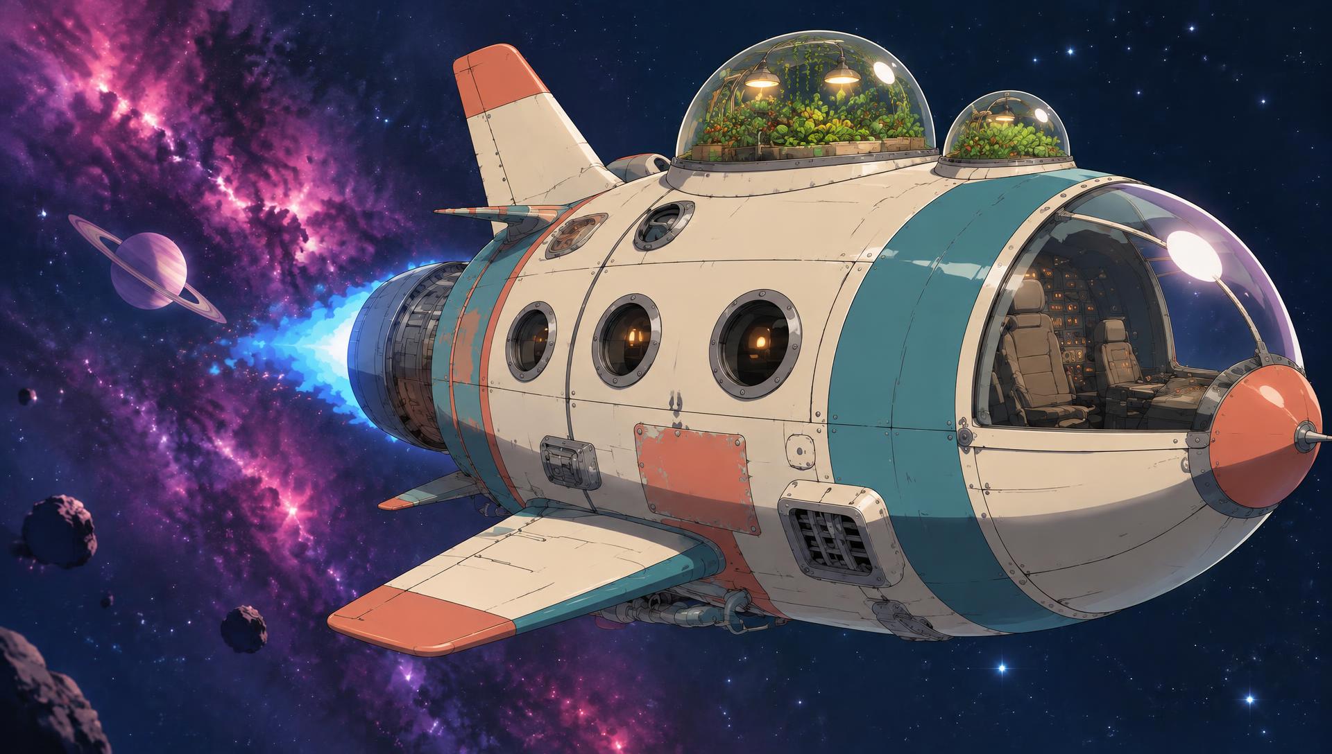 The Wobblenaut, a patched retro-futurist spaceship with amber engines and blue thrust, flying past a nebula